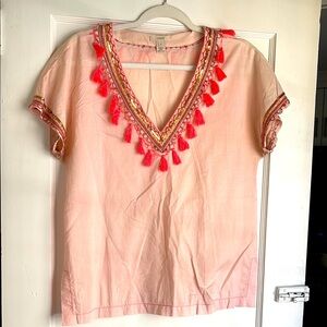 J.Crew Pink Tassel V-Neck Short Sleeve Top